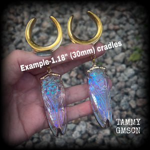 Large quartz cicada gauged earrings-Oversize insect ear weights