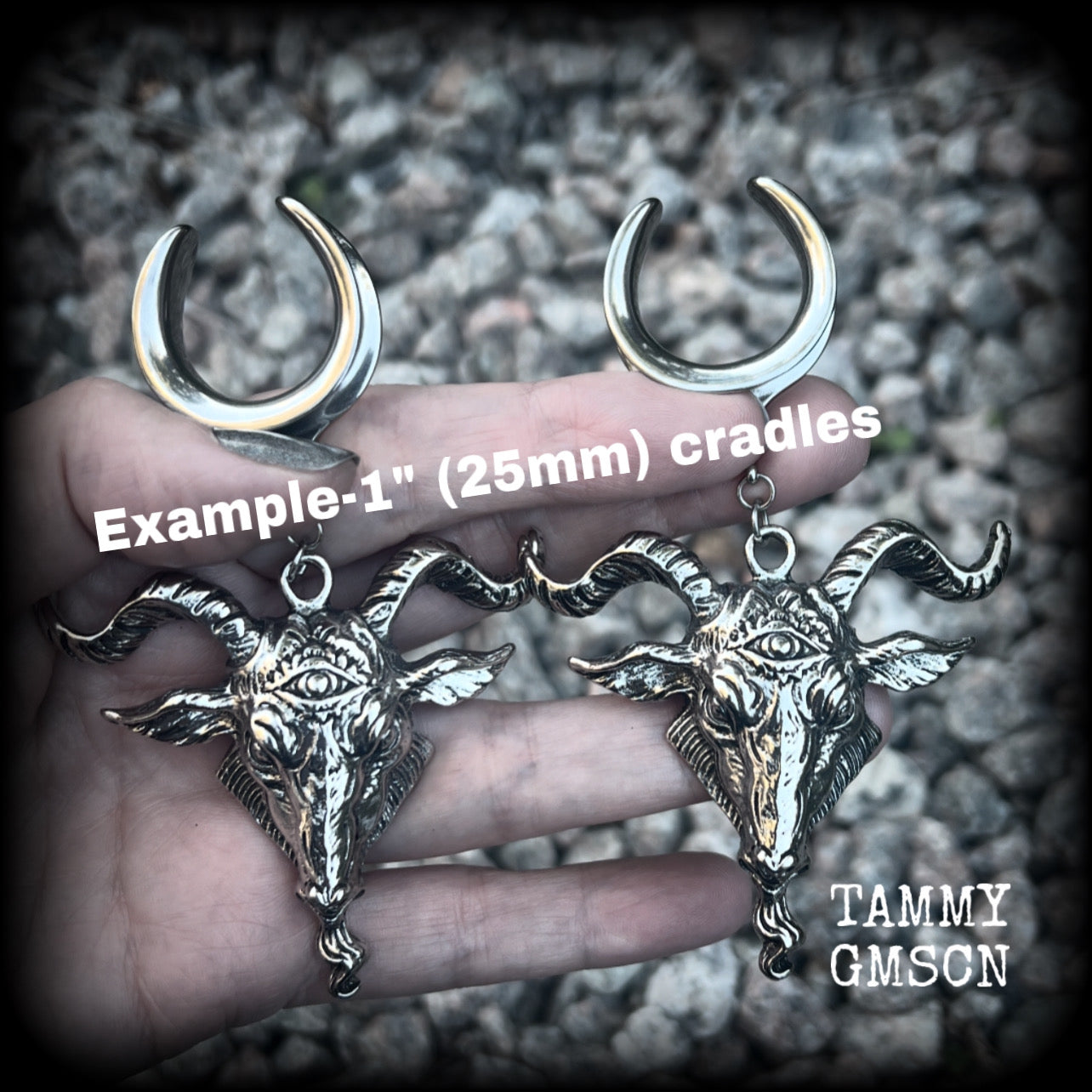 Featuring beautiful big antique silver Baphomet goat pendants, these gauged earrings measure just over 10cms from tip to tip, and weigh approx 28 grams each.

This pair have been made on 1" gauge (25mm) surgical steel cradles hooks, to be worn in stretched lobes.