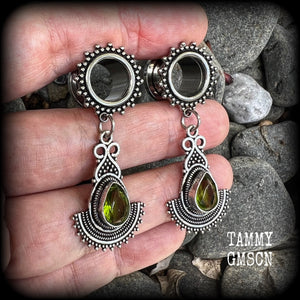 Peridot tunnel earrings Gemstone tunnel dangles 10mm  12mm  14mm  16mm  19mm tunnels 22mm 25mm Tunnel earrings Tunnel dangles Plugs Plug earrings Gemstone tunnels Gemstone plugs Ear gauges Stretched ears Stretched Lobes Gemstone body jewelry 