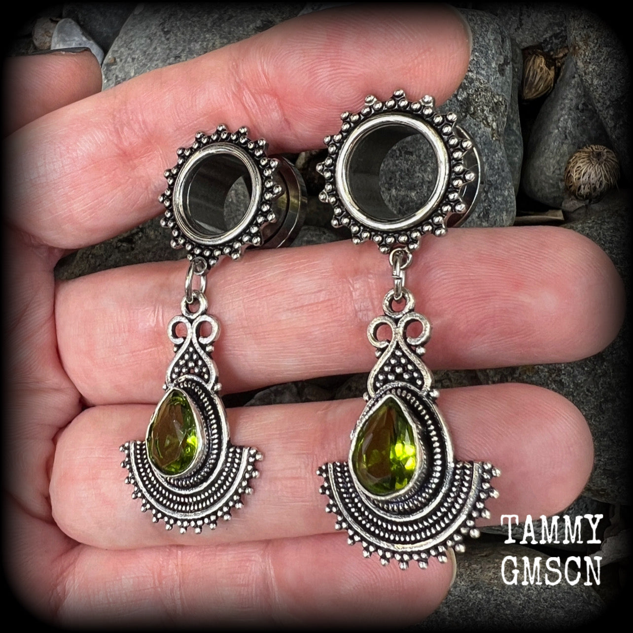 Peridot tunnel earrings Gemstone tunnel dangles 10mm  12mm  14mm  16mm  19mm tunnels 22mm 25mm Tunnel earrings Tunnel dangles Plugs Plug earrings Gemstone tunnels Gemstone plugs Ear gauges Stretched ears Stretched Lobes Gemstone body jewelry 