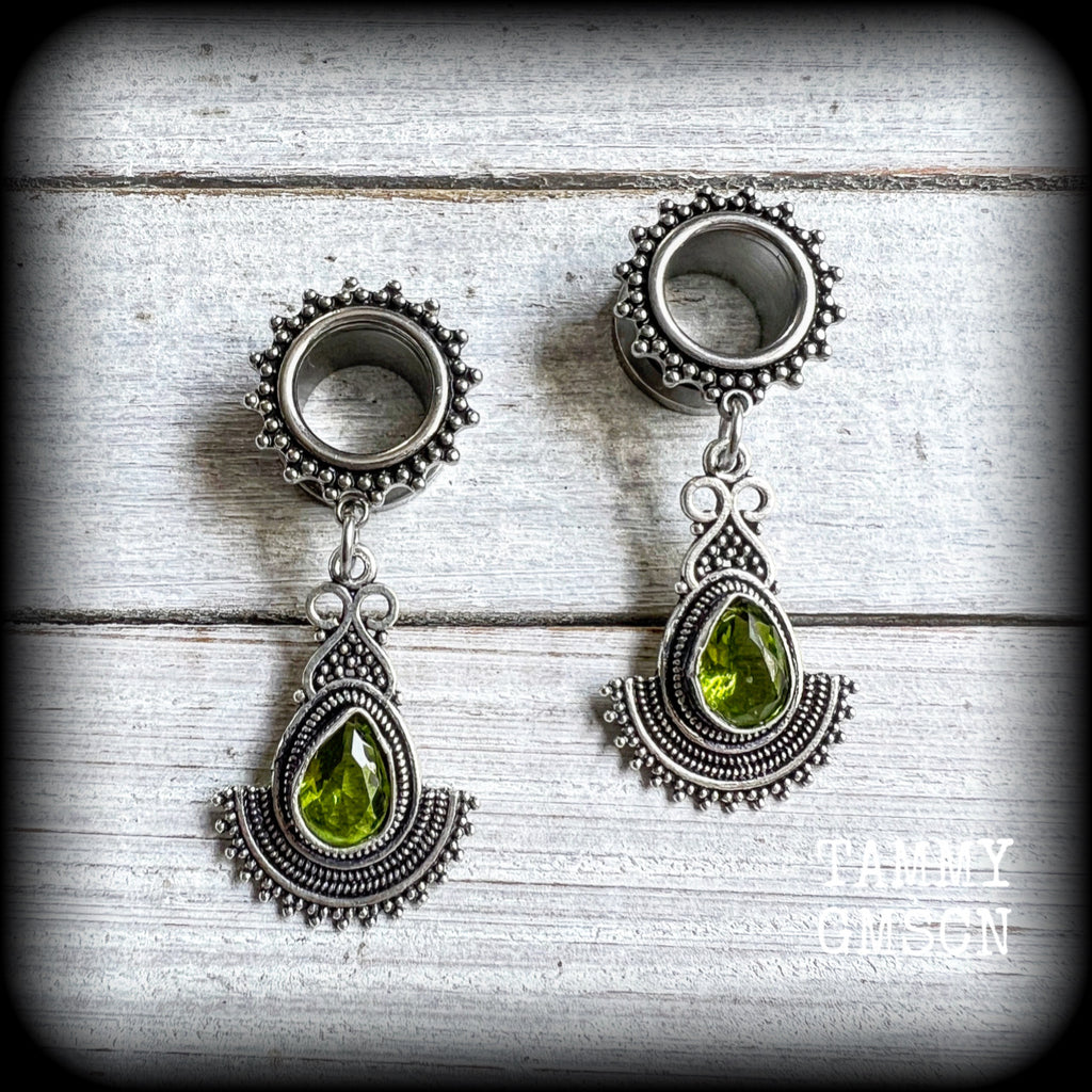 Peridot tunnel earrings Gemstone tunnel dangles 10mm  12mm  14mm  16mm  19mm tunnels 22mm 25mm Tunnel earrings Tunnel dangles Plugs Plug earrings Gemstone tunnels Gemstone plugs Ear gauges Stretched ears Stretched Lobes Gemstone body jewelry 