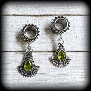 Peridot tunnel earrings Gemstone tunnel dangles 10mm  12mm  14mm  16mm  19mm tunnels 22mm 25mm Tunnel earrings Tunnel dangles Plugs Plug earrings Gemstone tunnels Gemstone plugs Ear gauges Stretched ears Stretched Lobes Gemstone body jewelry 