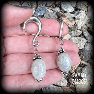 Rainbow moonstone gauged earrings