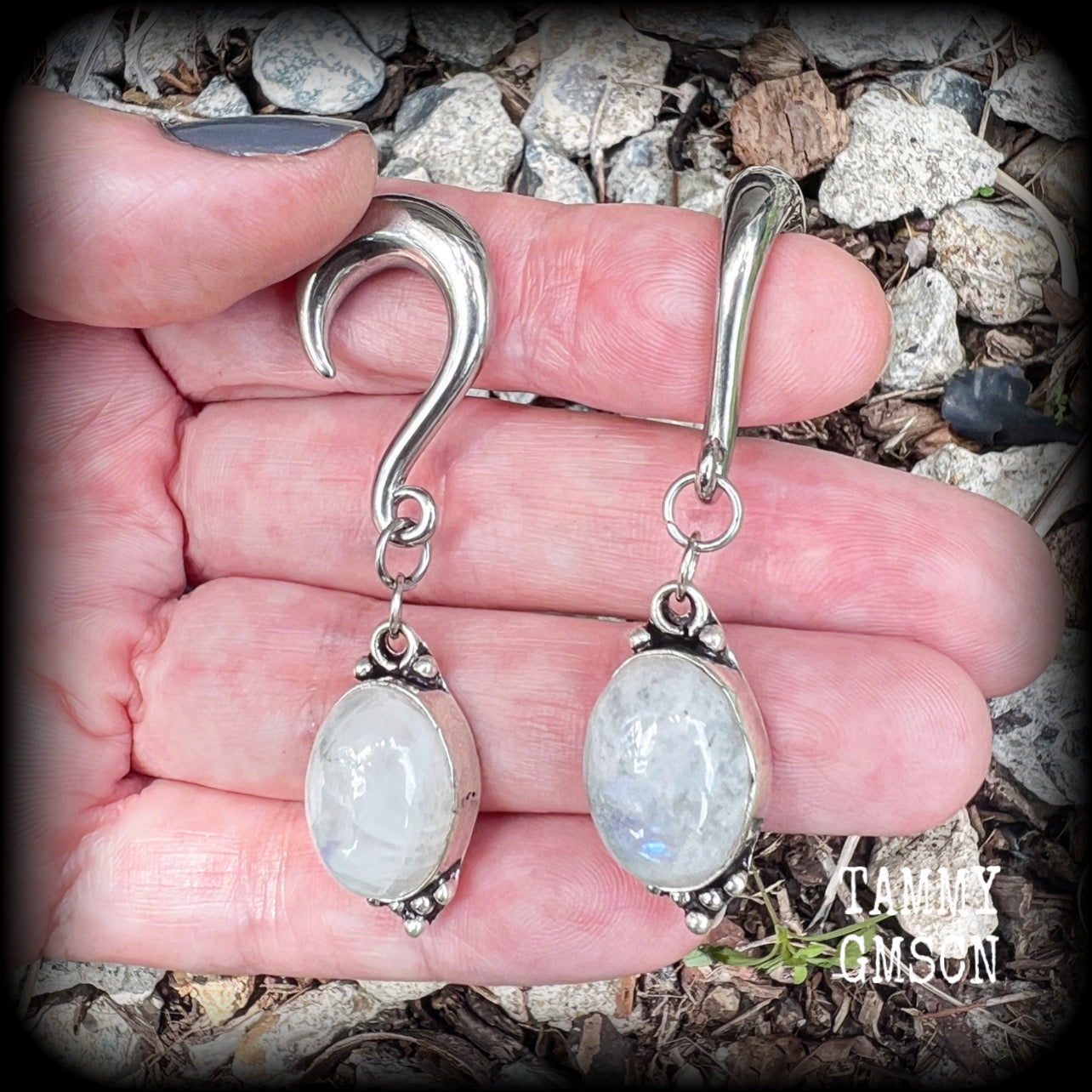 Rainbow moonstone gauged earrings