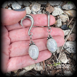 Rainbow moonstone gauged earrings