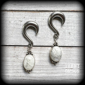 Rainbow moonstone gauged earrings