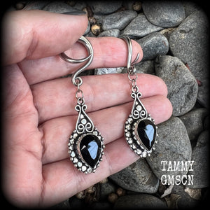 Black obsidian gauged earrings