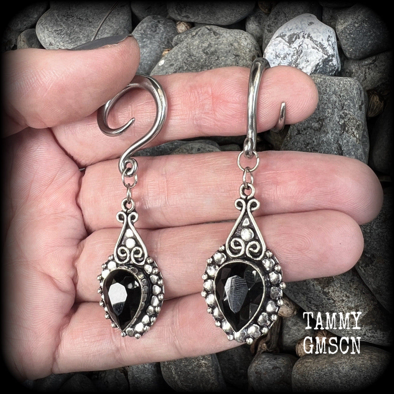 Black obsidian gauged earrings