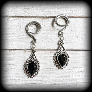 Black obsidian gauged earrings