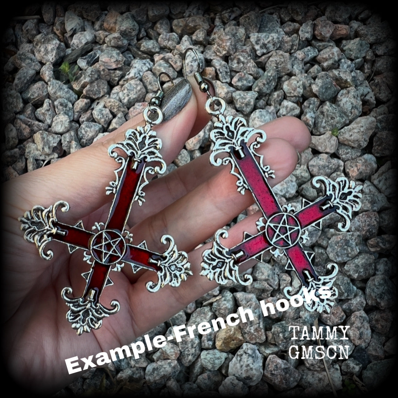 These gorgeous gothic earrings feature a red enamel inverted cross with a silver inverted pentagram, measuring just on 8.5 cms from tip to tip,  and weigh approx 10 grams a piece.  This pair have been made on stainless steel french hooks, suitable for pierced ears.