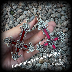 These gorgeous gothic earrings feature a red enamel inverted cross with a silver inverted pentagram, measuring just on 8.5 cms from tip to tip,  and weigh approx 10 grams a piece.  This pair have been made on stainless steel french hooks, suitable for pierced ears.