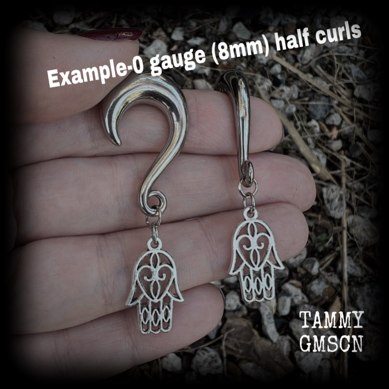 These earrings have been made on 0gauge (8mm) surgical steel half curl hooks, to be worn in stretched lobes.