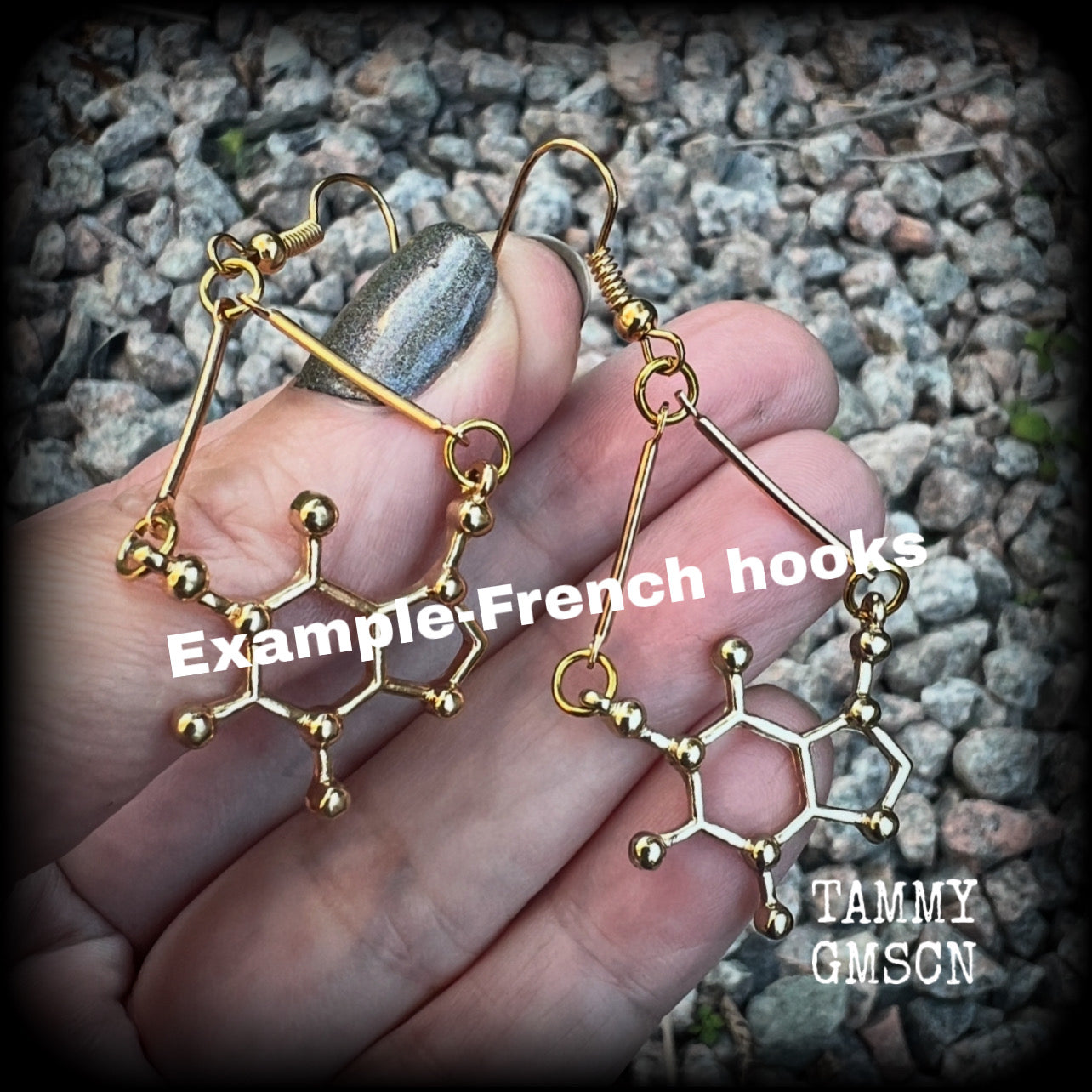 These cute champagne gold earrings feature Theobromine molecules, measuring just on 6cms from tip to tip, and weighing only a few grams each.

This pair have been made with antique gold french hooks, suitable for pierced ears.