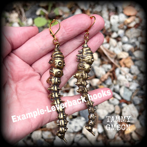 Brass caterpillar earrings-Insect earrings