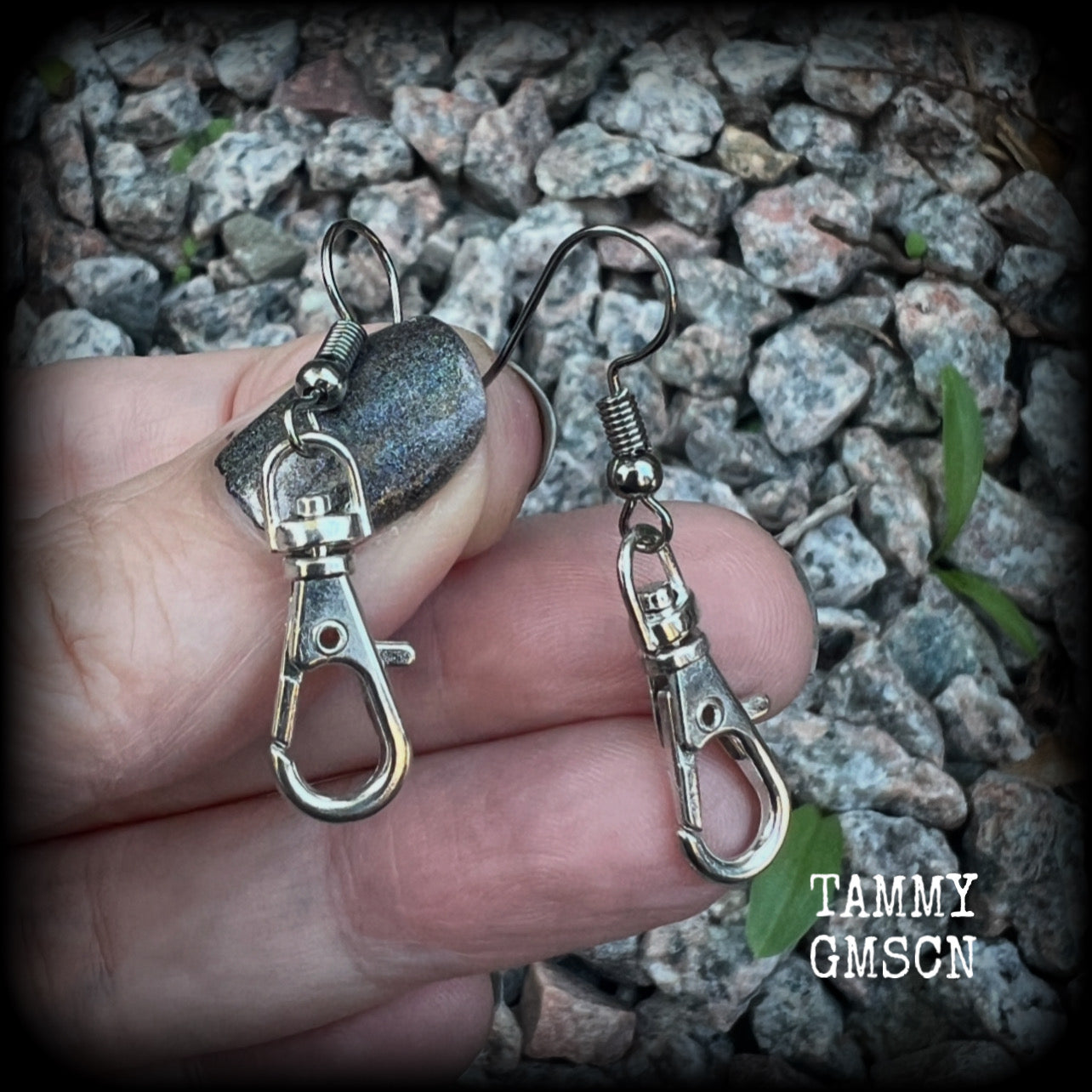 These awesome punk rock swivel clasp earrings are nice and lightweight at only a gram or two each, and measure in at just over 4cms from tip to tip.
This is a functional pair of swivel clasps so you can add extra charms to these if you want them extra dangly.

This pair have been made on stainless steel french hooks, suitable for pierced ears.