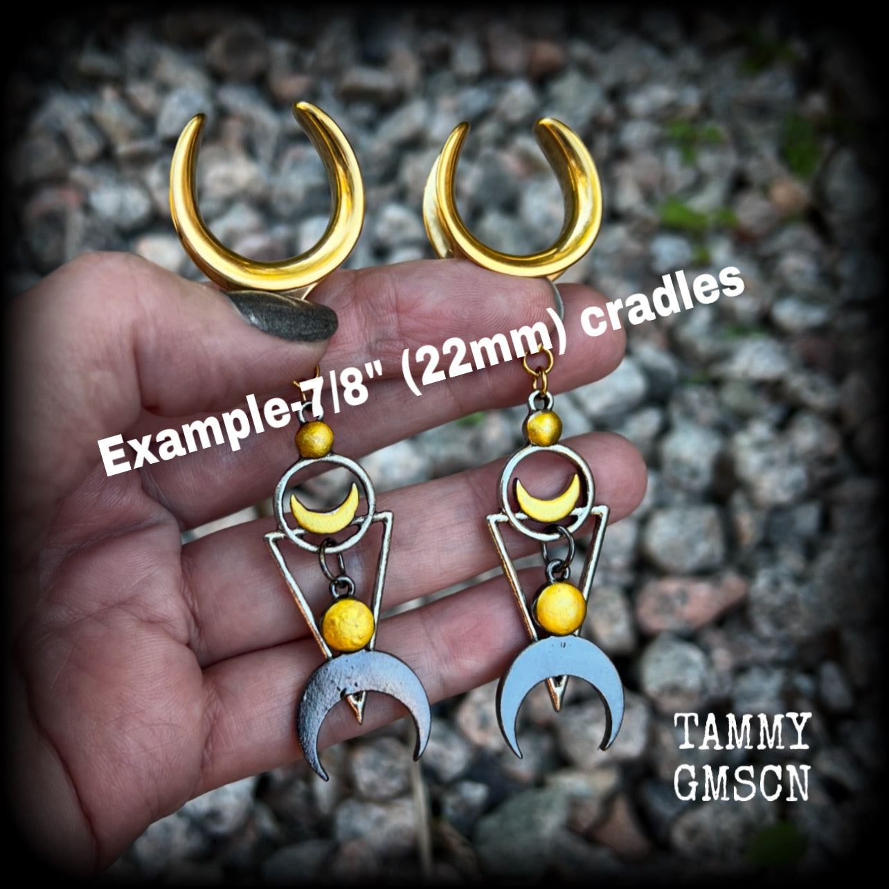 Crescent moon and inverted triangle gauged earrings-Occult jewelry
