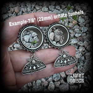 Moth and moon tunnel earrings-Luna moth ear gauges