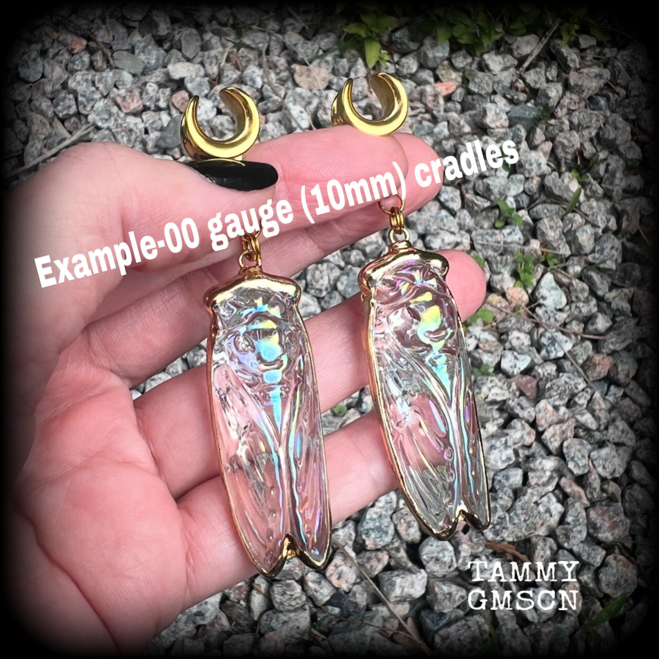 Clear quartz cicada gauged earrings-Insect ear weights