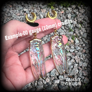 Clear quartz cicada gauged earrings-Insect ear weights