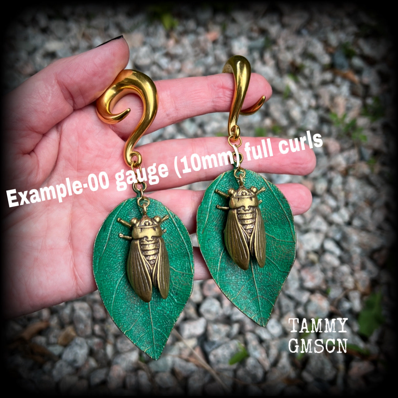 Cicada and leaf gauged earrings-Insect ear hangers