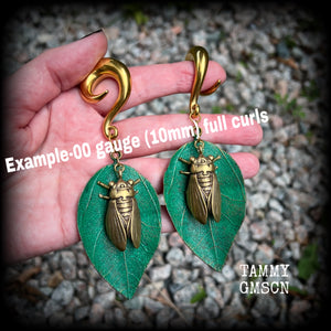 Cicada and leaf gauged earrings-Insect ear hangers