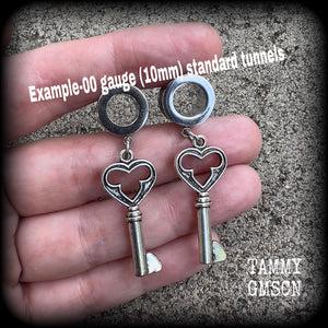 Cathedral key tunnel earrings-Heart key ear gauges