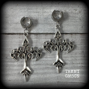 These gorgeous antique silver cyber sigil tattoo inspired cross earrings measure just over 7cms from tip to tip, and are nice and light weight, at 7 grams each.

This pair have been made on stainless steel huggies-suitable for pierced ears.