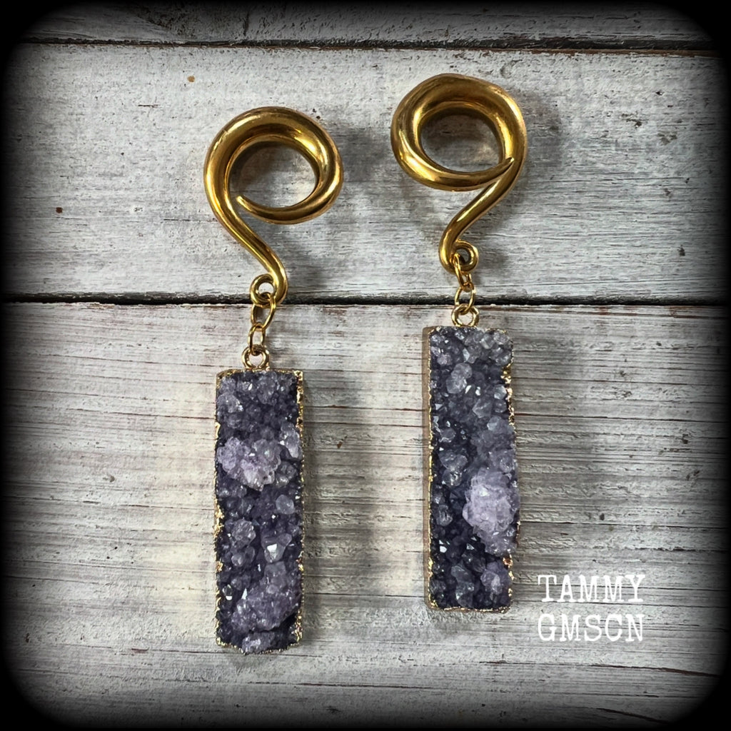 Featuring gorgeous purple druzy and antique gold crystals, these unique gauged earrings measure approx 8cms from tip to tip, and weighing approx 15 grams each.

This pair have been made on 2 gauge (6mm) titanium coated surgical steel full curl hooks, for stretched lobes.