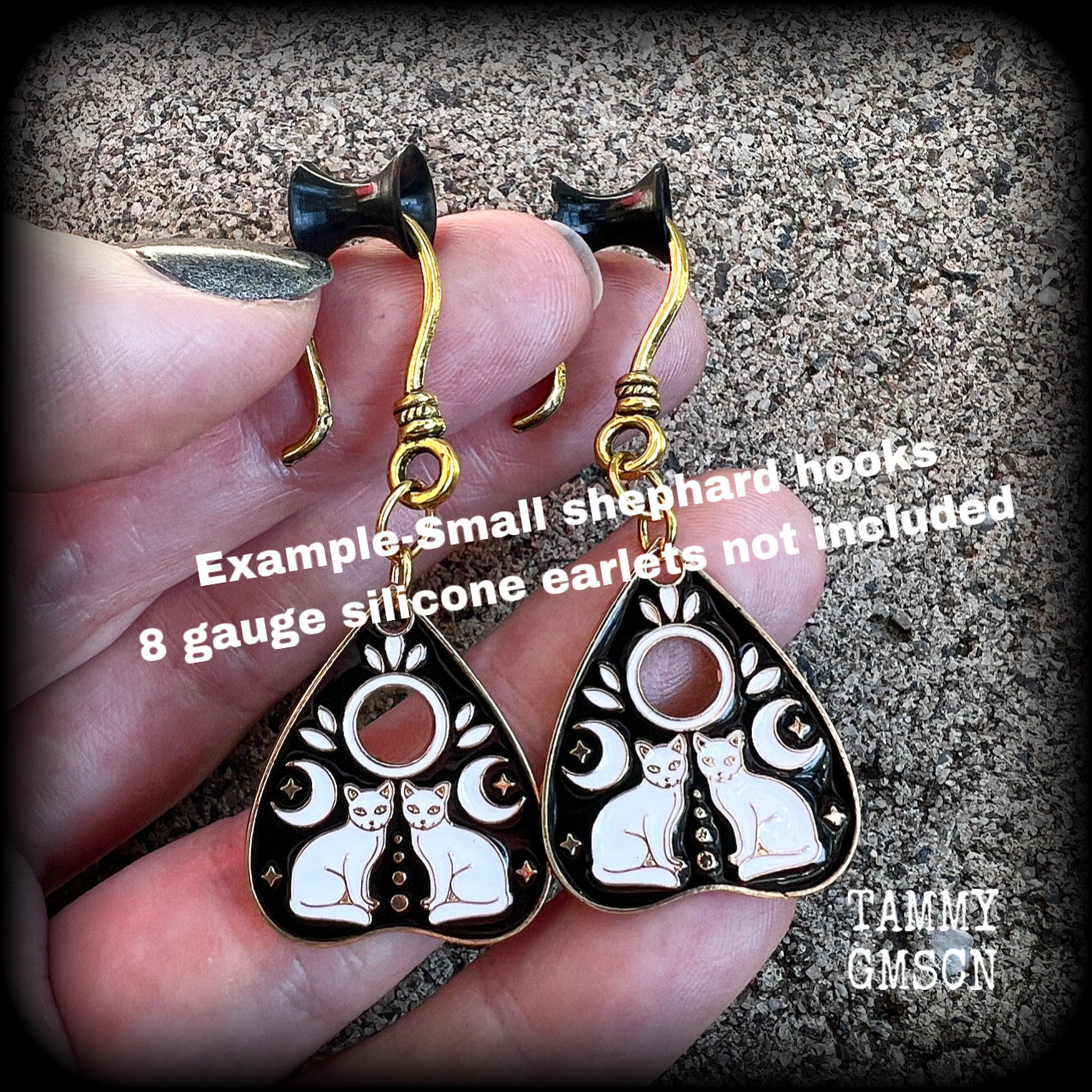 Occult cat and crescent moon ouija planchette earrings