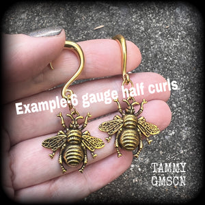 Antique gold bee gauged earrings-Insect ear weights