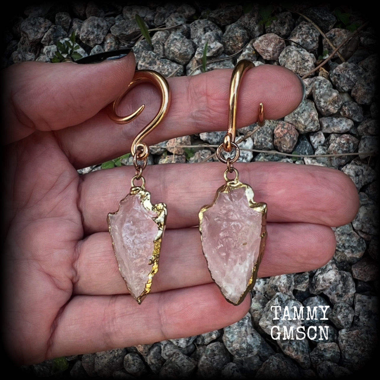 These earrings feature gorgeous baby pink arrowhead gemstones, measuring just over 6.5cms from tip to tip, and weighing approx 8 grams each, nice and dangly and not too heavy.  These earrings have been made on 6 gauge (4mm) surgical steel full curls, to be worn in stretched lobes.