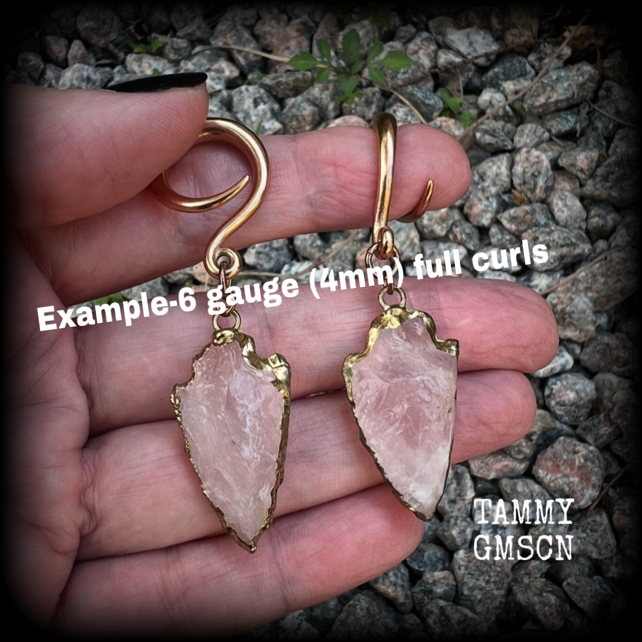 These earrings feature gorgeous baby pink arrowhead gemstones, measuring just over 6.5cms from tip to tip, and weighing approx 8 grams each, nice and dangly and not too heavy.  These earrings have been made on 6 gauge (4mm) surgical steel full curls, to be worn in stretched lobes.
