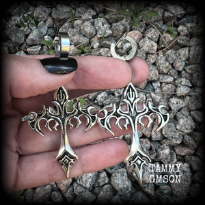 These gorgeous cyber sigil tattoo inspired cross earrings measure just over 7cms from tip to tip, and are nice and light weight, at 7 grams each.  This pair have been made on huggies-suitable for pierced ears.