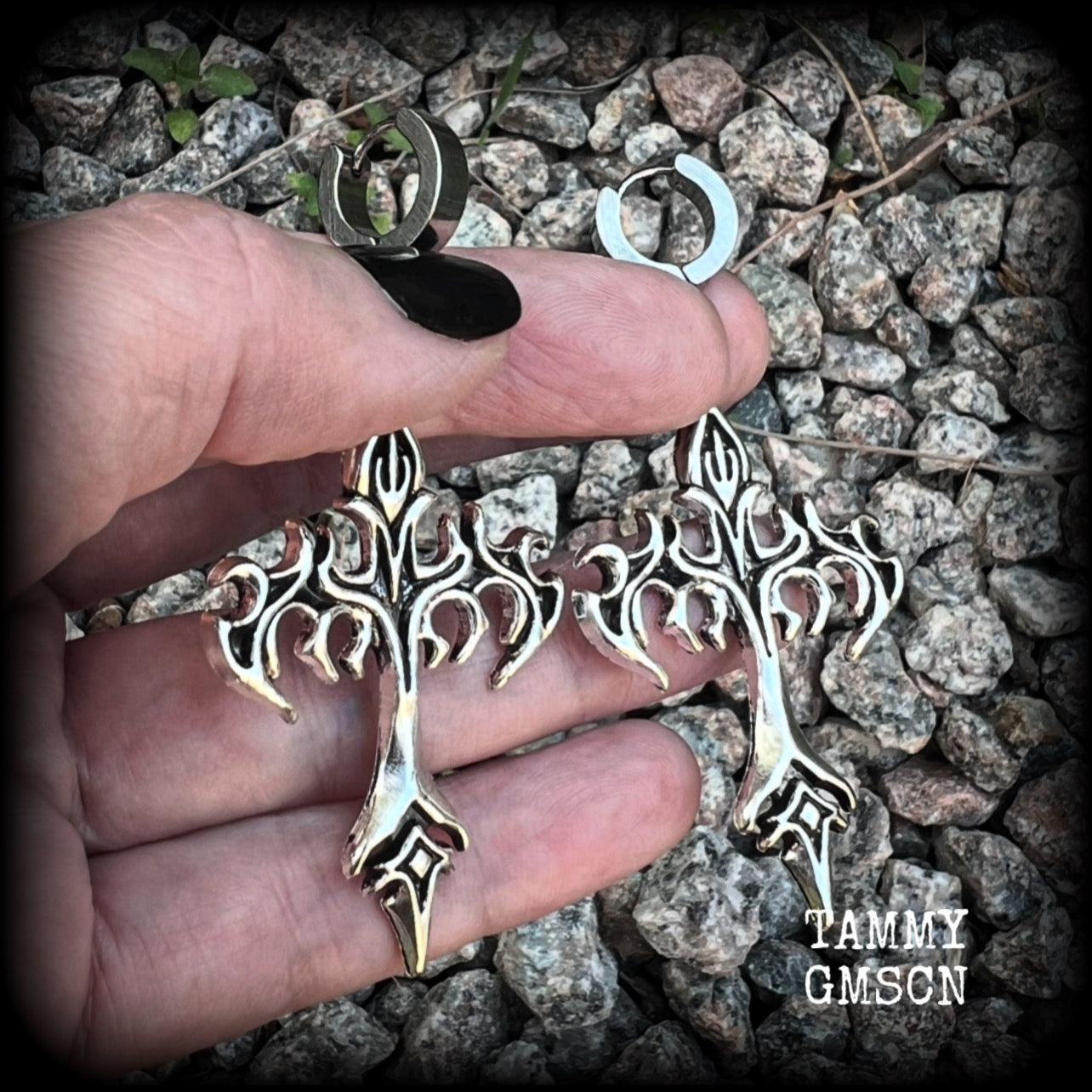 These gorgeous cyber sigil tattoo inspired cross earrings measure just over 7cms from tip to tip, and are nice and light weight, at 7 grams each.  This pair have been made on huggies-suitable for pierced ears.