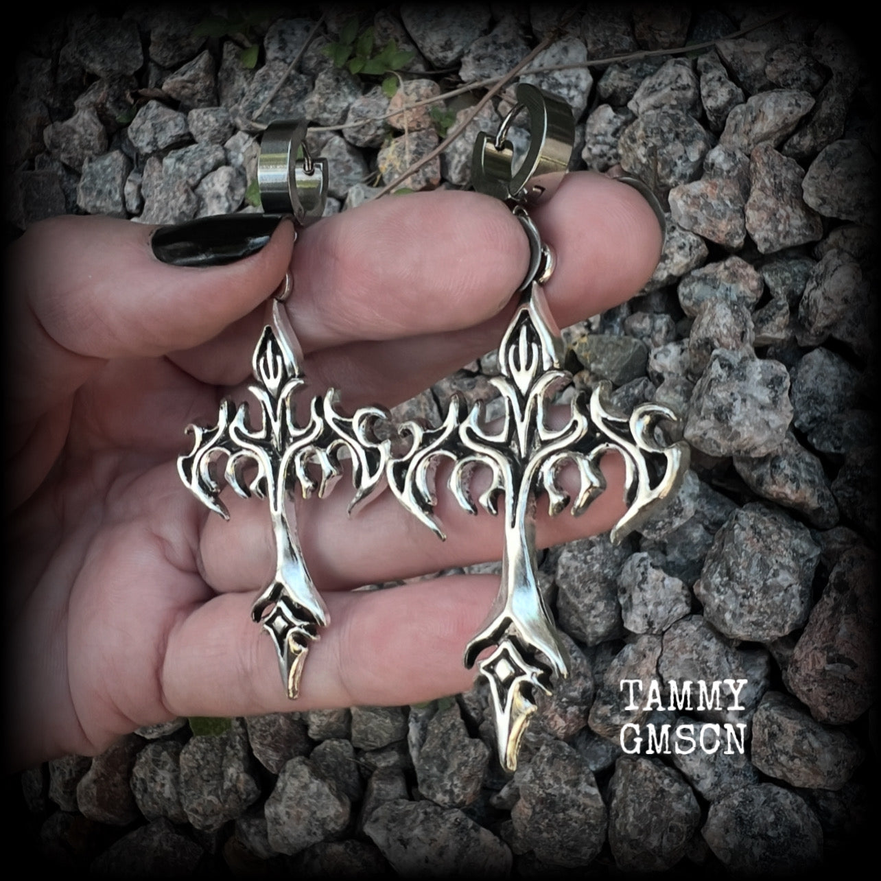 These gorgeous cyber sigil tattoo inspired cross earrings measure just over 7cms from tip to tip, and are nice and light weight, at 7 grams each.  This pair have been made on huggies-suitable for pierced ears.