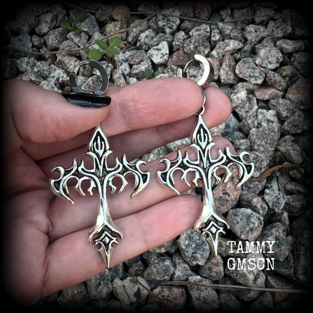 These gorgeous cyber sigil tattoo inspired cross earrings measure just over 7cms from tip to tip, and are nice and light weight, at 7 grams each.  This pair have been made on huggies-suitable for pierced ears.