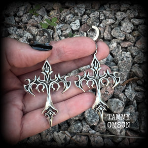 These gorgeous cyber sigil tattoo inspired cross earrings measure just over 7cms from tip to tip, and are nice and light weight, at 7 grams each.  This pair have been made on huggies-suitable for pierced ears.