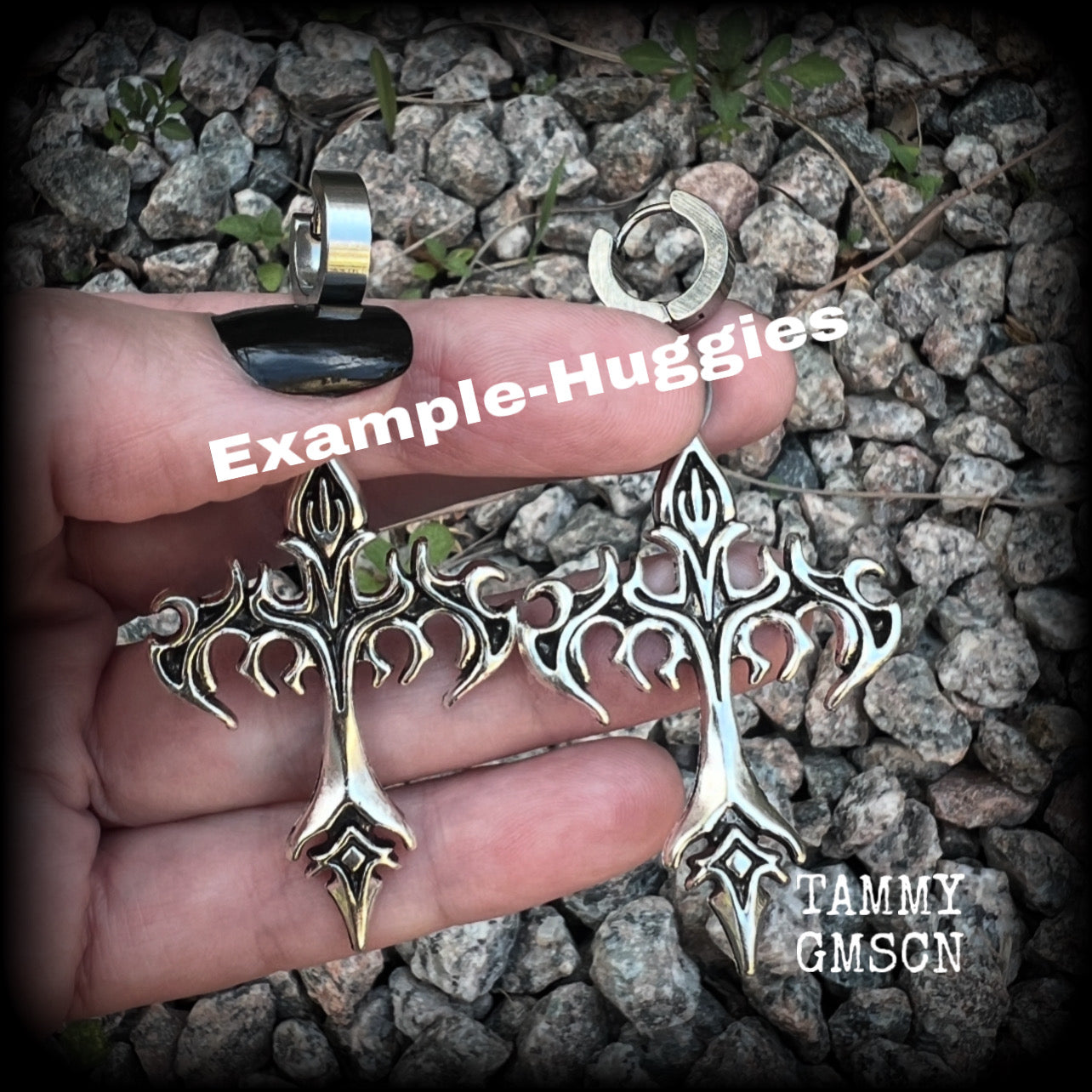 These gorgeous cyber sigil tattoo inspired cross earrings measure just over 7cms from tip to tip, and are nice and light weight, at 7 grams each.  This pair have been made on huggies-suitable for pierced ears.