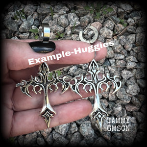 These gorgeous cyber sigil tattoo inspired cross earrings measure just over 7cms from tip to tip, and are nice and light weight, at 7 grams each.  This pair have been made on huggies-suitable for pierced ears.
