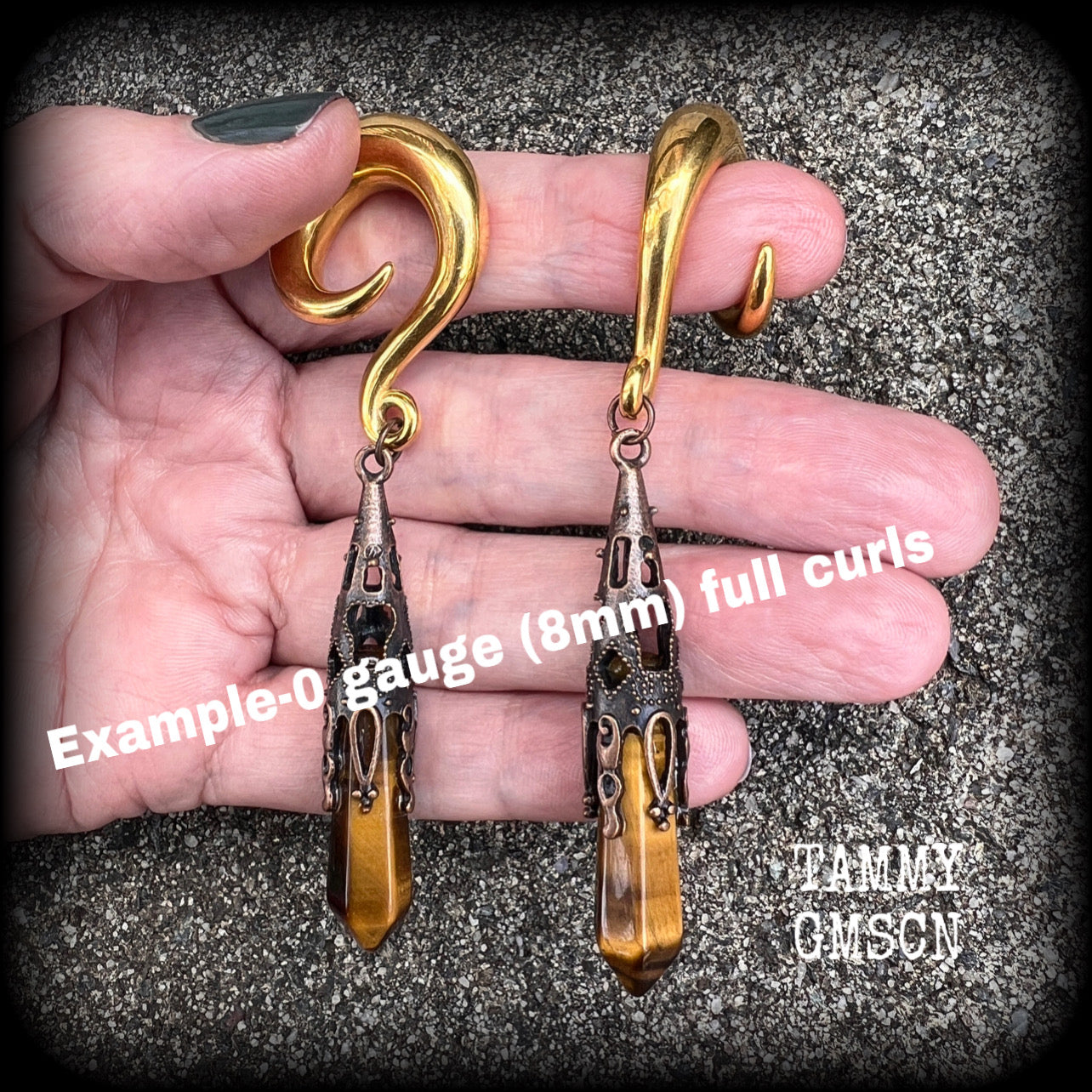 Tigers eye gauged earrings-Gothic gemstone ear hangers