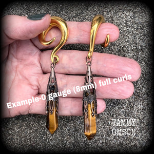 Tigers eye gauged earrings-Gothic gemstone ear hangers