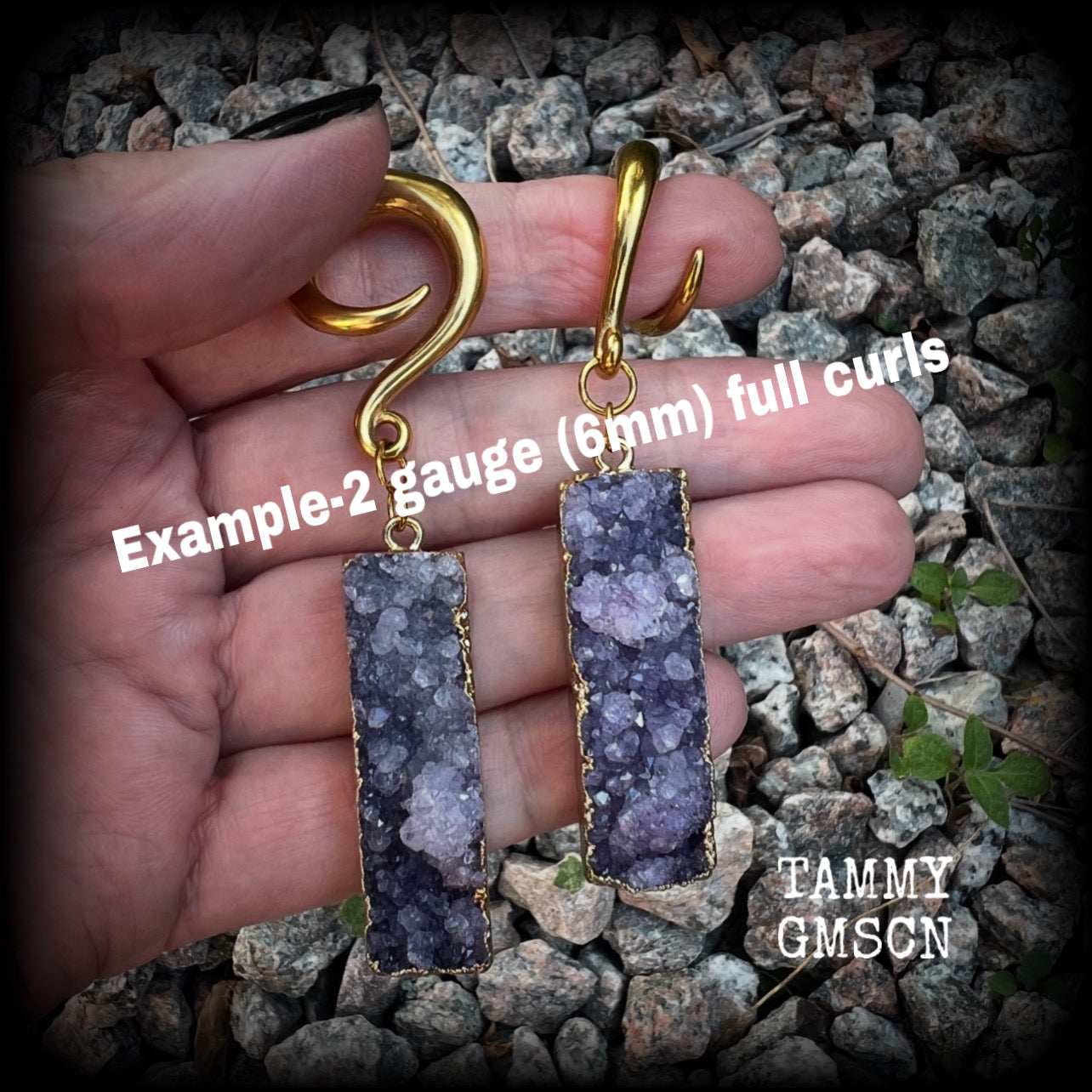 Featuring gorgeous purple druzy and antique gold crystals, these unique gauged earrings measure approx 8cms from tip to tip, and weighing approx 15 grams each.  This pair have been made on 2 gauge (6mm) titanium coated surgical steel full curl hooks, for stretched lobes.