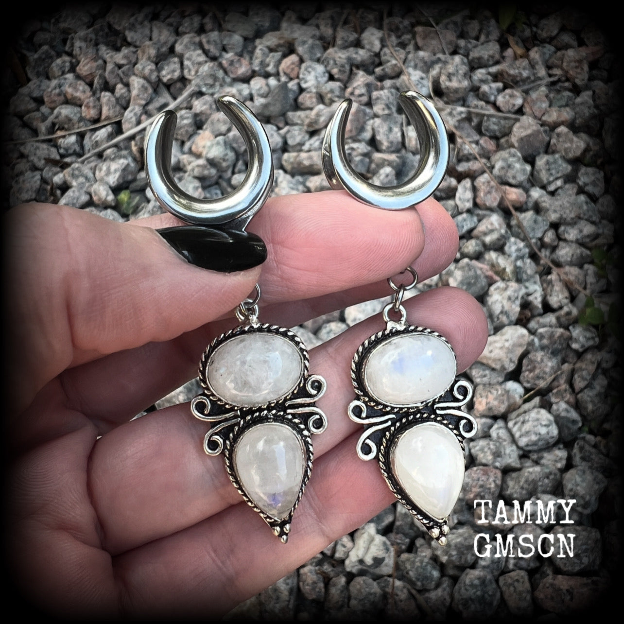 These beautiful boho moonstone earrings are made with gorgeous polished gemstones in an antique silver setting, lovely and dangly measuring approx 7cms from tip to tip, and weighing approx 12 grams each.   These earrings have been made on 5/8” gauge (16mm) surgical steel cradles, to be worn in stretched lobes.
