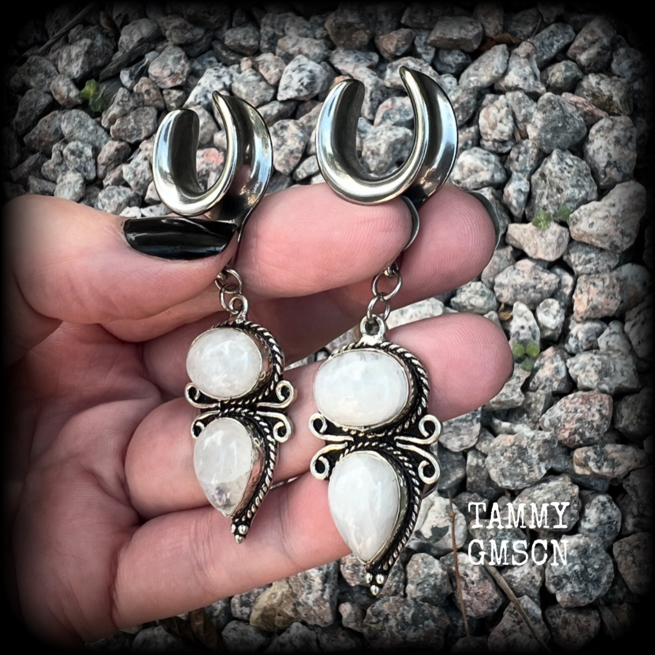 These beautiful boho moonstone earrings are made with gorgeous polished gemstones in an antique silver setting, lovely and dangly measuring approx 7cms from tip to tip, and weighing approx 12 grams each.   These earrings have been made on 5/8” gauge (16mm) surgical steel cradles, to be worn in stretched lobes.