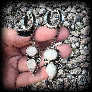 These beautiful boho moonstone earrings are made with gorgeous polished gemstones in an antique silver setting, lovely and dangly measuring approx 7cms from tip to tip, and weighing approx 12 grams each.   These earrings have been made on 5/8” gauge (16mm) surgical steel cradles, to be worn in stretched lobes.