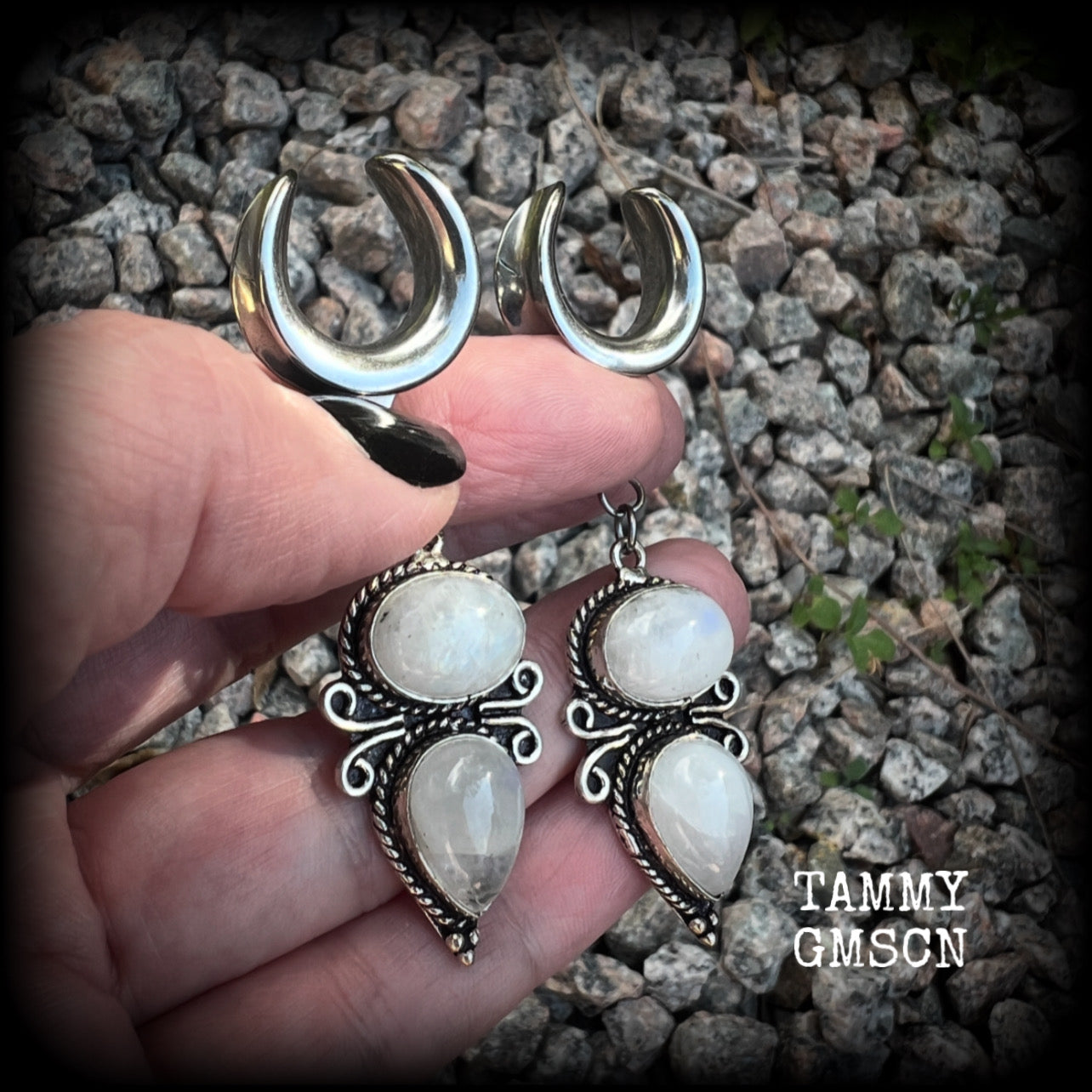 These beautiful boho moonstone earrings are made with gorgeous polished gemstones in an antique silver setting, lovely and dangly measuring approx 7cms from tip to tip, and weighing approx 12 grams each.   These earrings have been made on 5/8” gauge (16mm) surgical steel cradles, to be worn in stretched lobes.