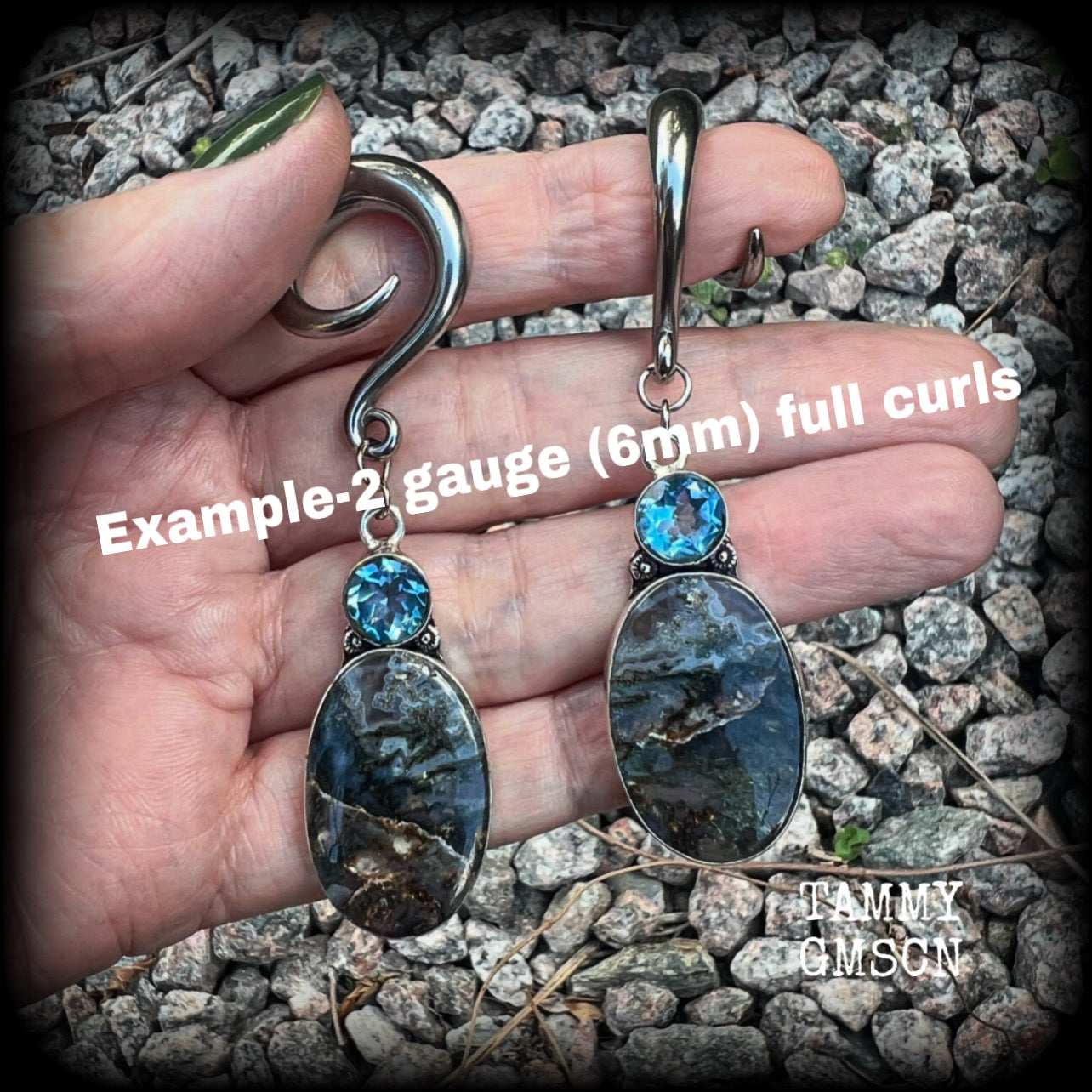 These unique gauged earrings feature unique Indian moss jasper gems dangling beneath beautiful facet blue topaz gemstones in a gorgeous boho antique silver setting, not too big at just on 7.5cms from tip to tip, and not too heavy, weighing approx 13 grams each.  These earrings have been made with 2 gauge (6mm) surgical steel full curl hooks, to be worn in stretched lobes.