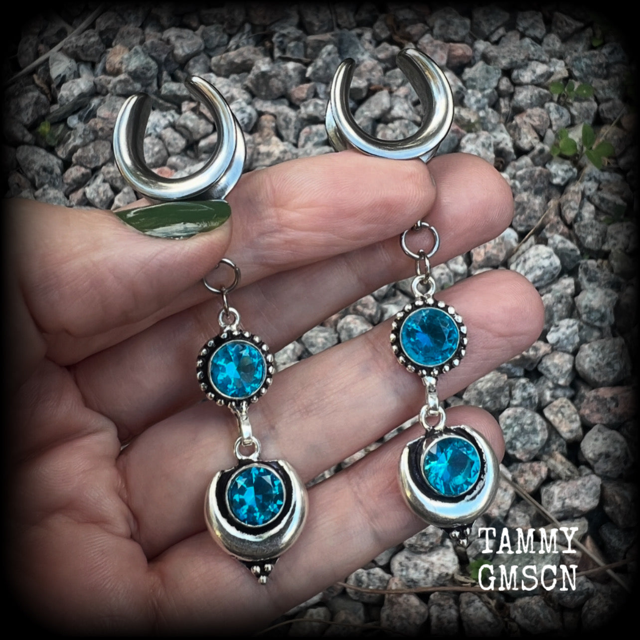 These earrings have been made with gorgeous facet sky blue topaz gemstones in a beautiful boho antique silver setting with crescent moon, lovely and dangly at just over 7.5cms from tip to tip, and not too heavy at just 8 grams each.  These earrings have been made on 5/8” gauge (16mm) surgical steel cradles, to be worn in stretched lobes.