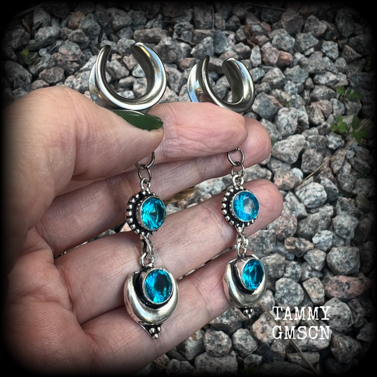 These earrings have been made with gorgeous facet sky blue topaz gemstones in a beautiful boho antique silver setting with crescent moon, lovely and dangly at just over 7.5cms from tip to tip, and not too heavy at just 8 grams each.  These earrings have been made on 5/8” gauge (16mm) surgical steel cradles, to be worn in stretched lobes.