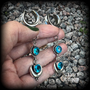 These earrings have been made with gorgeous facet sky blue topaz gemstones in a beautiful boho antique silver setting with crescent moon, lovely and dangly at just over 7.5cms from tip to tip, and not too heavy at just 8 grams each.  These earrings have been made on 5/8” gauge (16mm) surgical steel cradles, to be worn in stretched lobes.